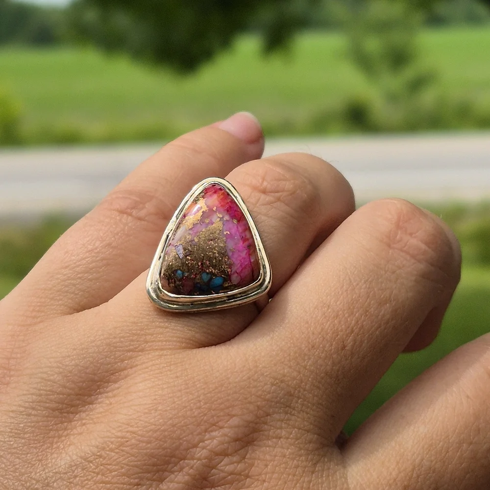 925 Silver Pink Cotton Candy Cooper Turqouis Artisanal Handmade Ring - Picture 9 of 11